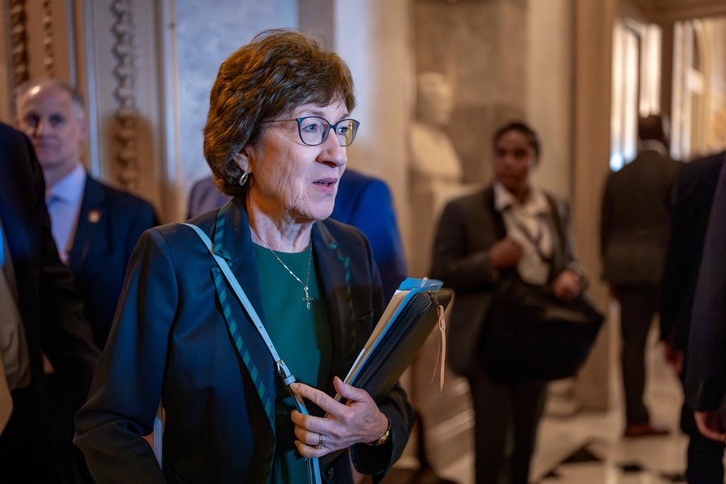 FILE - Sen. Susan Collins, R-Maine, departs the chamber at the Capitol in Washington, on July 24, 2025. (AP Photo/J. Scott Applewhite, File)