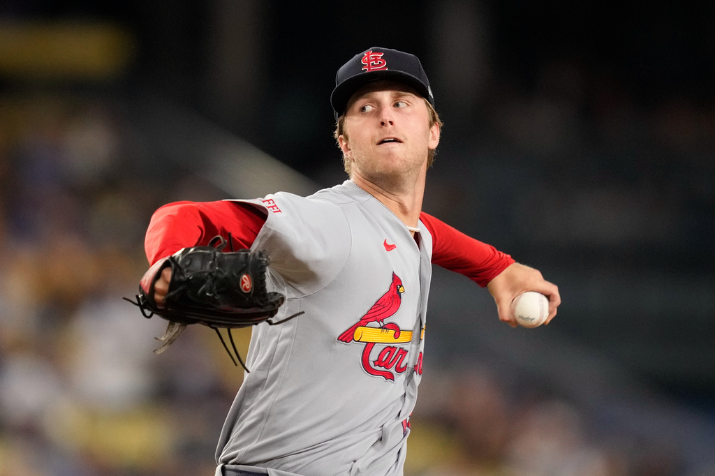 St. Louis Cardinals starting pitcher Quinn Mathews throws to the plate during the second inning of a baseball game against the Los Angeles Dodgers, Thursday, Sept. 3, 2026, in Los Angeles. (AP Photo/Mark J. Terrill)