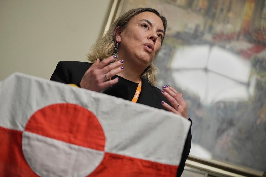 Naaja Nathanielsen, Greenland's Minister for Business, speaks during a press conference in the Houses of Parliament in London, England, Tuesday, Jan. 13, 2026. (AP Photo/Alastair Grant)