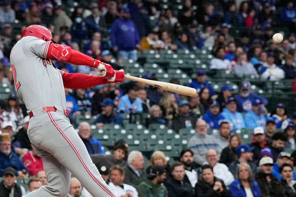 Cincinnati Reds' JJ Bleday hits a solo home run during the first inning of a baseball game against the Chicago Cubs in Chicago, Tuesday, May 5, 2026. (AP Photo/Nam Y. Huh)