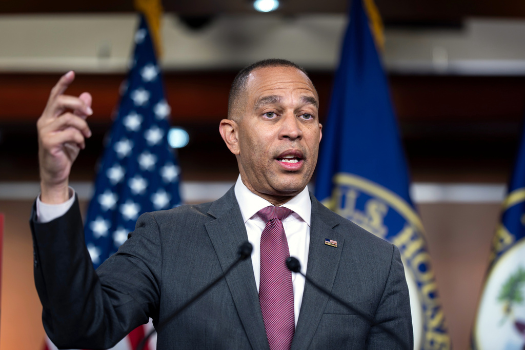 House Minority Leader Hakeem Jeffries, D-N.Y., speaks to reporters ahead of an address by President Donald Trump, Thursday, July 16, 2026, at the Capitol in Washington. (AP Photo/J. Scott Applewhite)