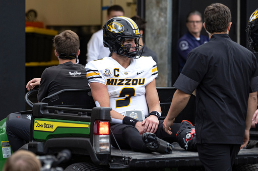 Missouri quarterback Beau Pribula is driven off the field after being injured during the second half of an NCAA college football game against Vanderbilt, Saturday, Oct. 25, 2025, in Nashville, Tenn. (AP Photo/Wade Payne) Missouri quarterback Beau Pribula is driven off the field after being injured during the second half of an NCAA college football game against Vanderbilt, Saturday, Oct. 25, 2025, in Nashville, Tenn. (AP Photo/Wade Payne)