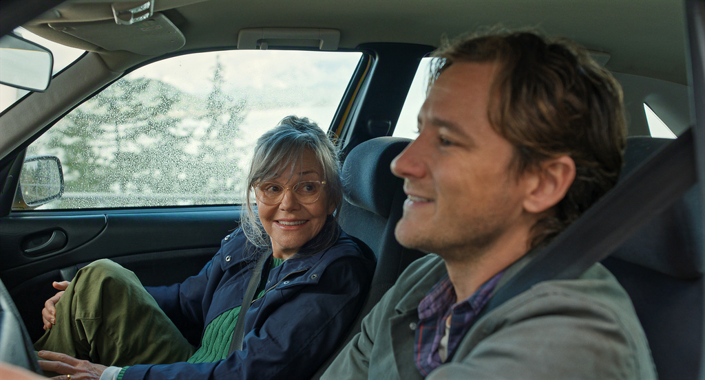 This image released by Netflix shows Sally Field, left, and Lewis Pullman in a scene from "Remarkably Bright Creatures." (Netflix via AP)