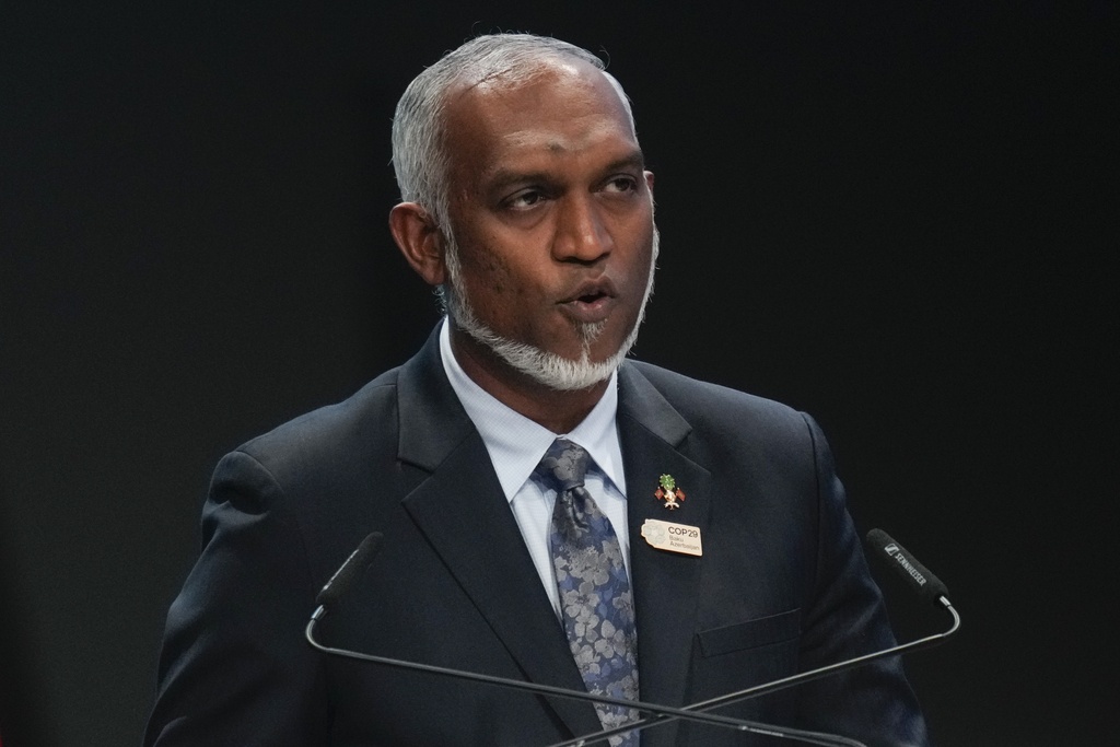 FILE -Maldives President Mohamed Muizzu speaks during a plenary session at the COP29 U.N. Climate Summit, , Nov. 12, 2024, in Baku, Azerbaijan. (AP Photo/Rafiq Maqbool, File)