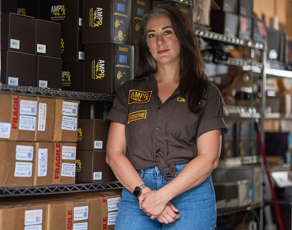 Cassandra Sotos, co-owner and CEO of AmpRx, poses for a portrait at the company's warehouse Saturday, Sept. 12, 2026, in Mt. Juliet, Tenn. (AP Photo/George Walker IV)