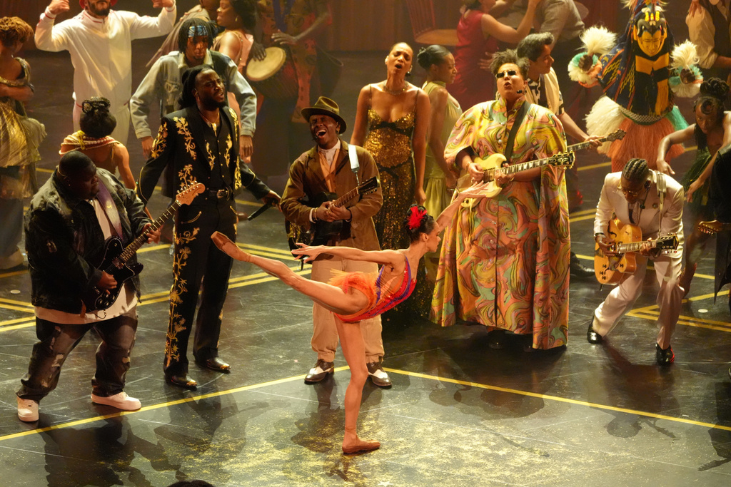 Christone "Kingfish" Ingram, from left, Shaboozey, Miles Caton, Misty Copeland, Brittany Howard, and Raphael Saadiq perform a tribute to "Sinners" during the Oscars on Sunday, March 15, 2026, at the Dolby Theatre in Los Angeles. (AP Photo/Chris Pizzello)