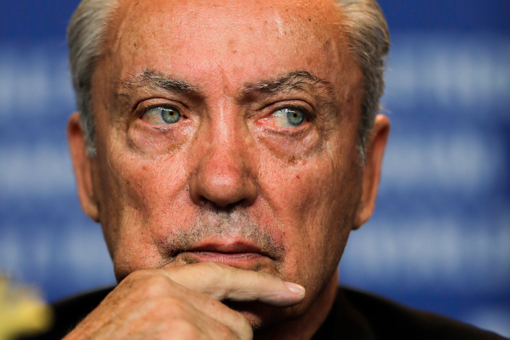 FILE - Actor Udo Kier attends a news conference for the film 'Daughter Of Mine' during the 68th edition of the International Film Festival Berlin, Berlinale, in Berlin, Feb. 18, 2018. (AP Photo/Markus Schreiber, File)