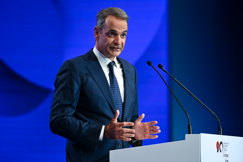 Prime Minister Kyriakos Mitsotakis delivers a speech during Thessaloniki's international trade fair, in the northern city of Thessaloniki, Greece, Saturday, Sept. 5, 2026. (AP Photo/Giannis Papanikos)