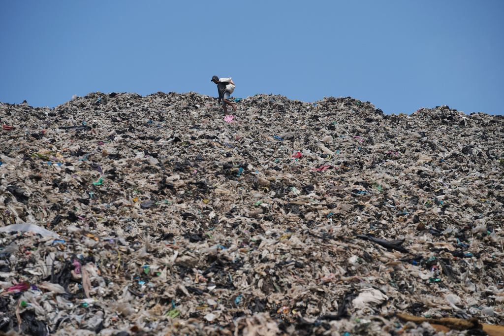 A waste picker looks for recyclable items in a pile of garbage at the Bantargebang landfill on the outskirts of Jakarta, Indonesia, Monday, July 6, 2026. (AP Photo/Tatan Syuflana)