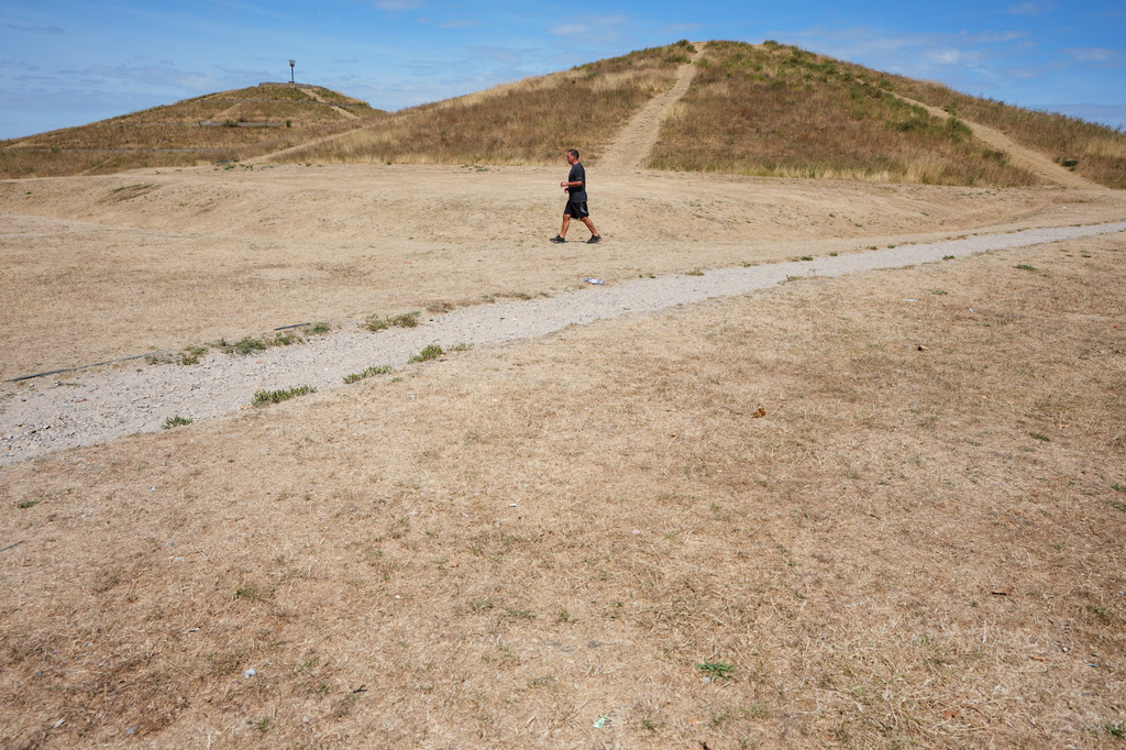 A man walks on dried grass in a park, amid drought conditions in London, in London, Sunday, Aug. 9, 2026. (AP Photo/Kirsty Wigglesworth)
