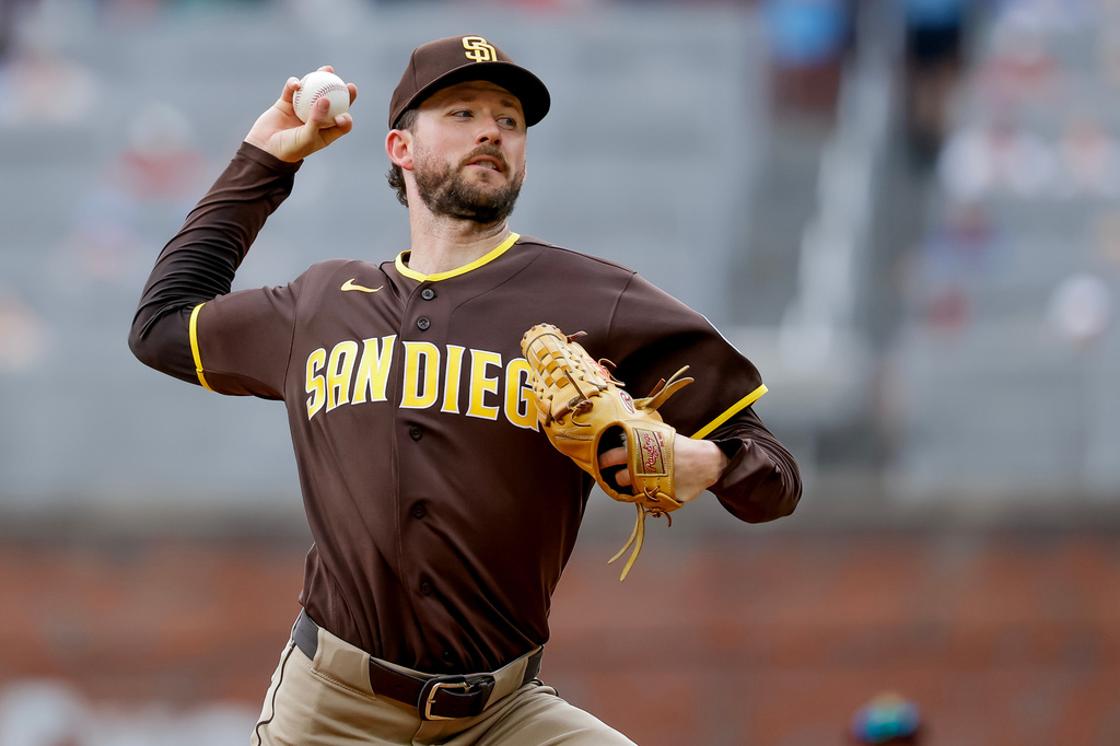 San Diego Padres pitcher Griffin Canning delivers to an Atlanta Braves during the second inning of a baseball game, Thursday, July 23, 2026, in Atlanta. (AP Photo/Erik S. Lesser)