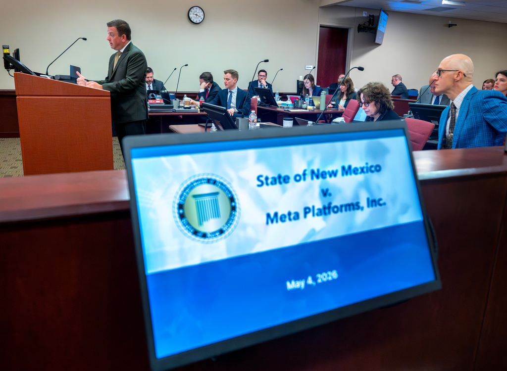Attorney David Ackerman, left, representing the State, and other attorneys get started on phase 2 of the trial against Meta Platforms, Inc., in Santa Fe, Monday, May 4, 2026.(Eddie Moore/The Albuquerque Journal via AP, Pool)
