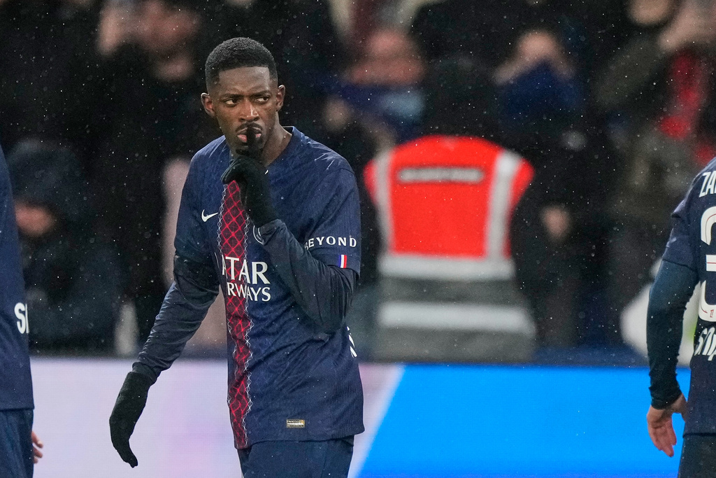 PSG's Ousmane Dembele celebrates after scoring his side's second goal during the French League One soccer match between Paris Saint-Germain and Lille in Paris, France, Friday, Jan. 16, 2026. (AP Photo/Michel Euler)