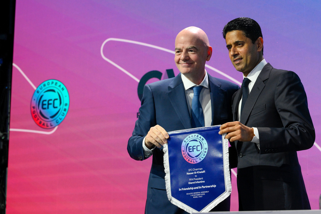 EFC President Nasser Al-Khelaifi, right, and FIFA President Gianni Infantino pose during the 32nd European Football Clubs General Assembly in Rome, Italy, Thursday Oct. 9, 2025. (Fabrizio Corradetti/LaPresse via AP)