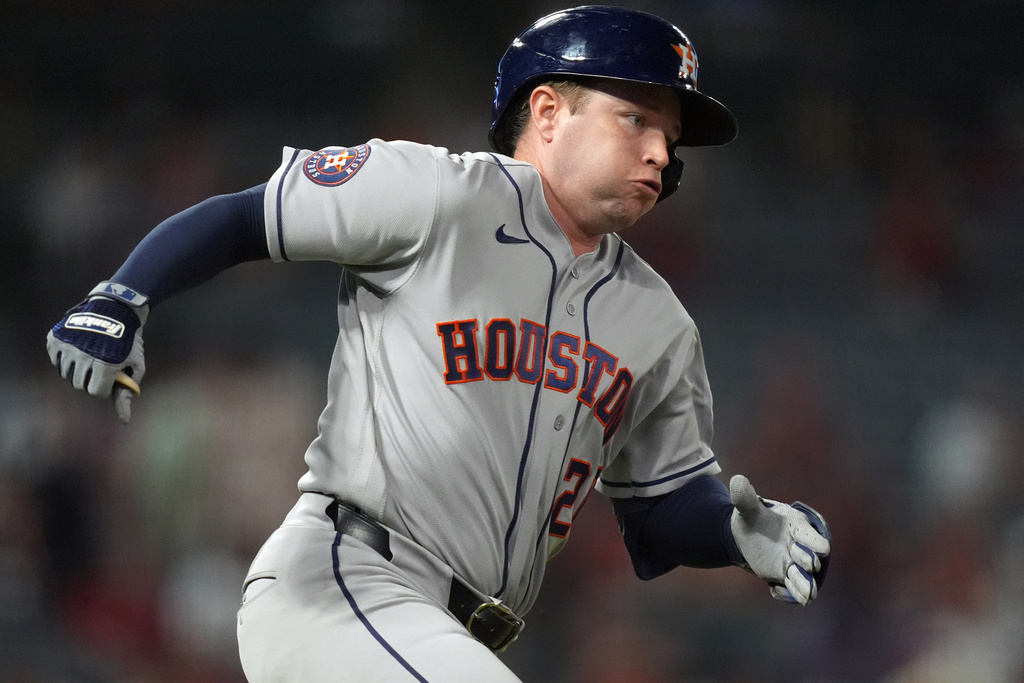 Houston Astros' Nick Allen (20) doubles against the Los Angeles Angels during the ninth inning of a baseball game Tuesday, July 28, 2026, in Anaheim, Calif. (AP Photo/Scott Strazzante)