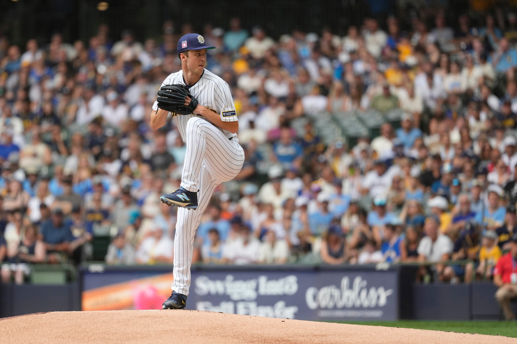 Milwaukee Brewers' Jacob Misiorowski winds up to deliver during the first inning of a baseball game against the Colorado Rockies, Sunday, July 26, 2026, in Milwaukee. (AP Photo/Aaron Gash)