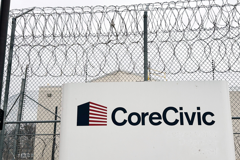 FILE - CoreCivic's shuttered prison, the Midwest Regional Reception Center, is seen on March 3, 2025, in Leavenworth, Kansas. (AP Photo/Nick Ingram, File)