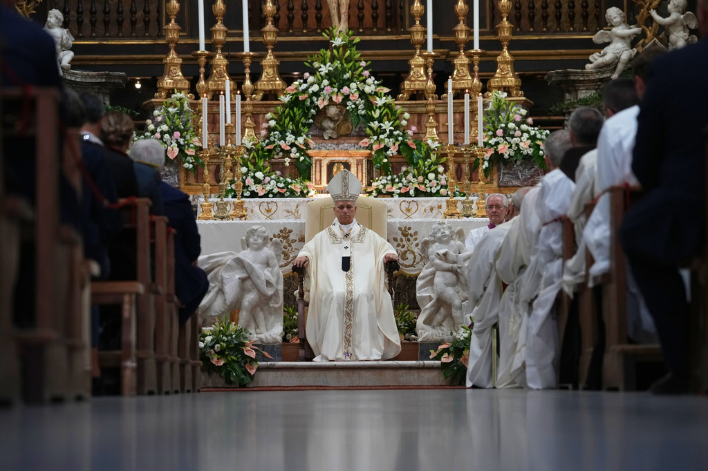 Pope Leo XIV celebrates a mass at the Basilica Sanctuary of the Mother of Good Counsel in Genazzano, central Italy, Monday, Sept. 7, 2026. (AP Photo/Andrew Medichini)