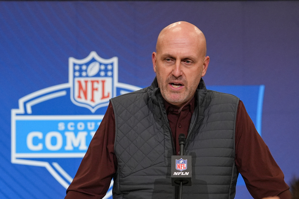 Arizona Cardinals general manager Monti Ossenfort speaks during a press conference at the NFL football scouting combine in Indianapolis, Tuesday, Feb. 24, 2026. (AP Photo/Michael Conroy)