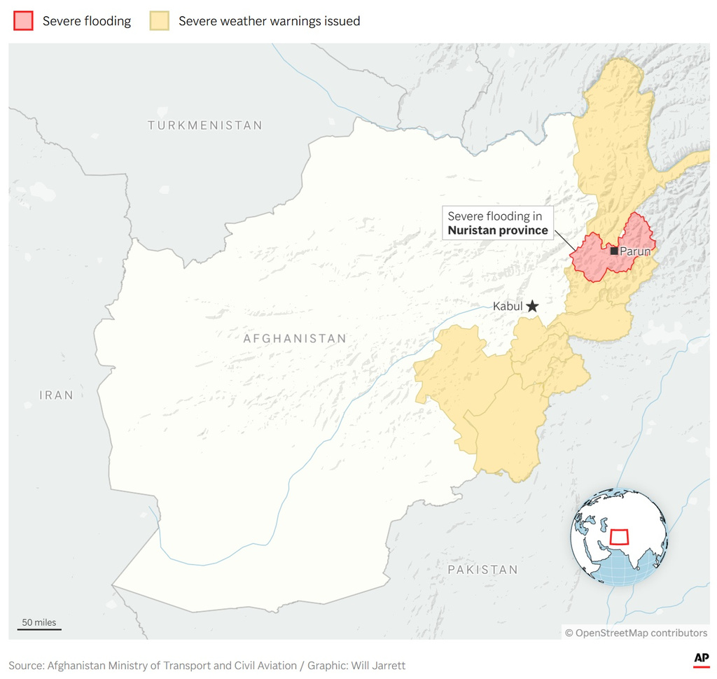 A map showing areas with severe flooding - and areas with flood warnings - in Afghanistan. (AP Digital Embed)