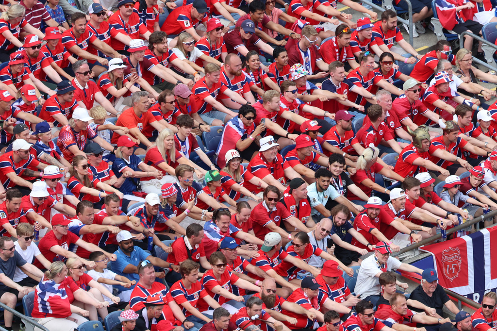 Norwegian fans perform a viking boat row during the World Cup Group I soccer match between Norway and France in Foxborough, Mass., near Boston, Friday, June 26, 2026. (AP Photo/Mark Stockwell)