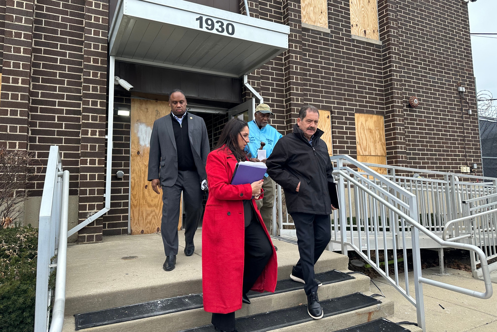 Four Illinois members of Congress left to right; Rep. Jonathan Jackson, D-Ill., Rep. Delia Ramirez, D-Ill., Rep. Danny Davis, D-Ill., and Jesus Garcia, D-Ill., leave after a visit to the U.S. Immigration and Customs Enforcement processing center in Broadview, Ill. (AP Photo/Sophia Tareen)