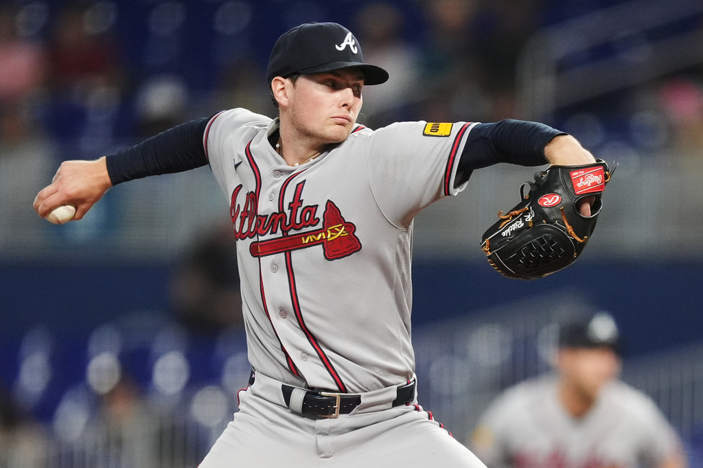 Atlanta Braves starting pitcher JR Ritchie pitches during the first inning of a baseball game against the Miami Marlins, Monday, May 18, 2026, in Miami. (AP Photo/Rebecca Blackwell)