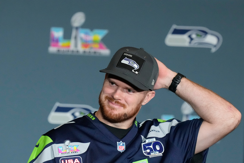 Seattle Seahawks quarterback Sam Darnold (14) speaks during a news conference on Thursday, Feb. 5, 2026, in San Jose, Calif., ahead of Super Bowl 60 between the New England Patriots and the Seattle Seahawks. (AP Photo/Brynn Anderson)