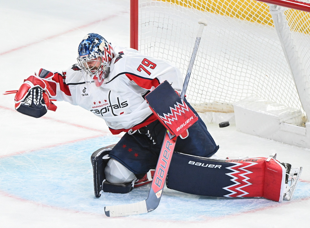 Washington Capitals goaltender Charlie Lindgren (79) is scored on by Montreal Canadiens' Kirby Dach, not pictured, during the second period of an NHL hockey game in Montreal, Saturday, Feb. 28, 2026. (Graham Hughes/The Canadian Press via AP)