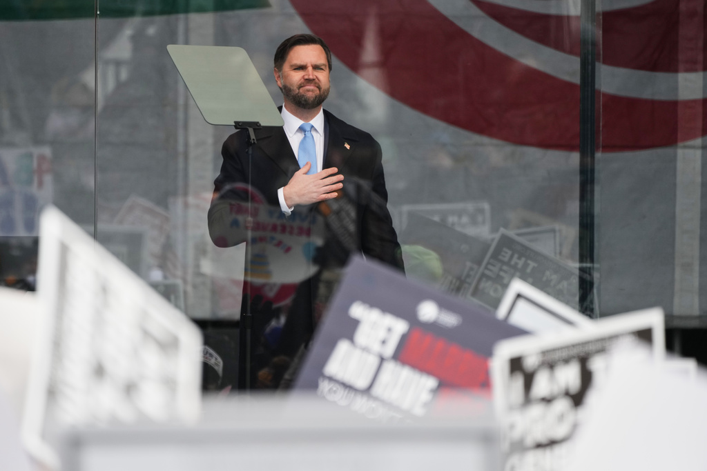 Vice President JD Vance stands before the crowd at a rally ahead of the March for Life in Washington, Friday, Jan. 23, 2026. (AP Photo/Stephanie Scarbrough)