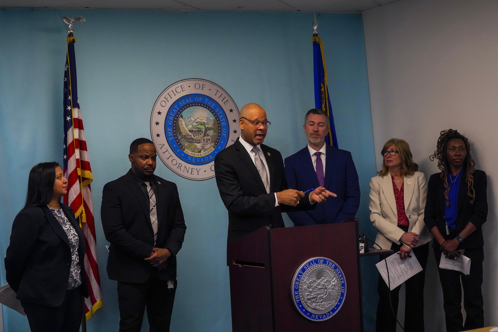 Aaron Ford, attorney general of Nevada, speaks at a press conference Las Vegas, on Wednesday, Apr. 15, 2026, announcing the Roblox gaming platform reached a $12 million settlement with Nevada. (AP Photo/Ty O'Neil)