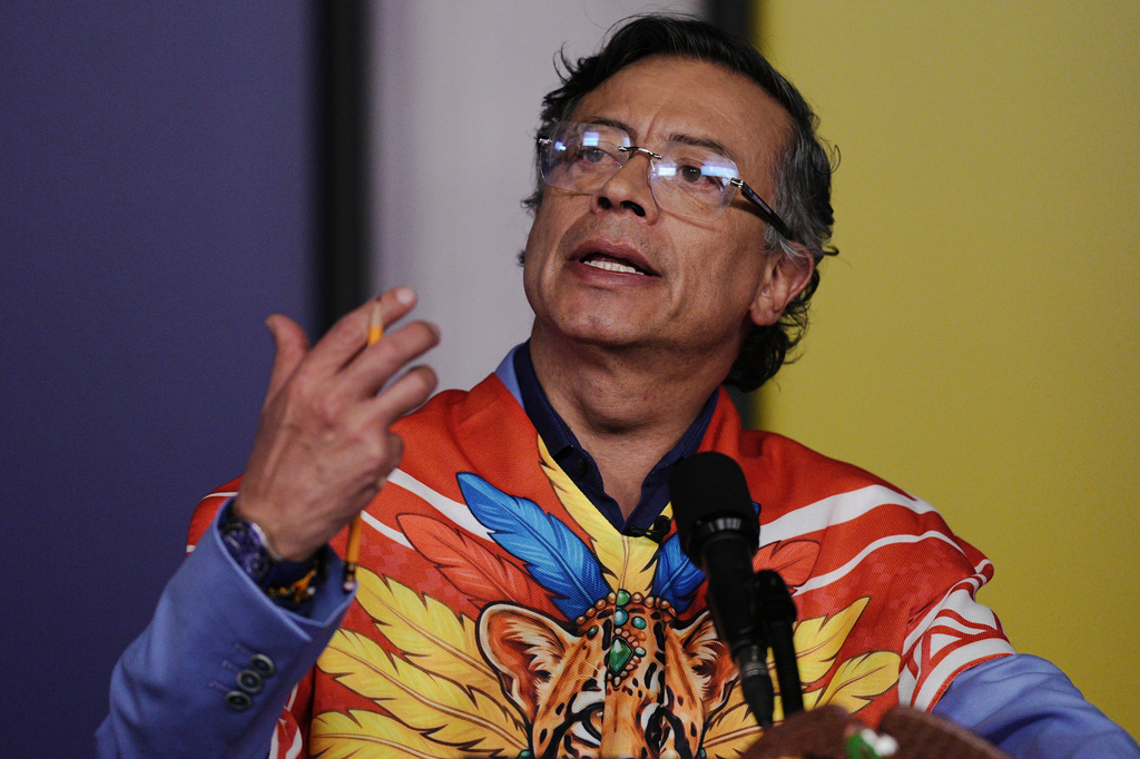 Colombia's President Gustavo Petro holds a press conference at the presidential palace in Bogota, Colombia, Monday, Aug. 3, 2026. (AP Photo/Ivan Valencia)