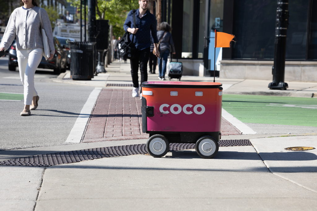 A Coco Delivery Robot sits in Chicago&rsquo;s Lakeview neighborhood on April 22, 2026. (Jeremy Battle/Block Club Chicago via AP)