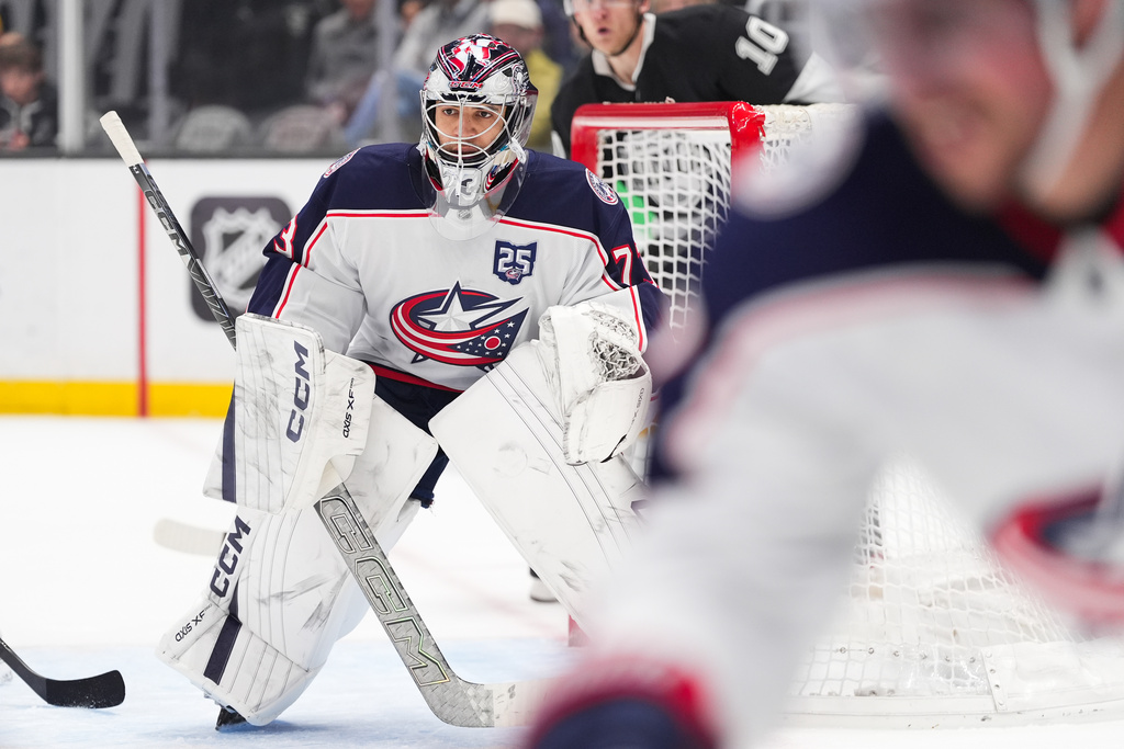 Columbus Blue Jackets goaltender Jet Greaves (73) guards his net during the second period of an NHL hockey game against the Los Angeles Kings Monday, Dec. 22, 2025, in Los Angeles. (AP Photo/Jae C. Hong)
