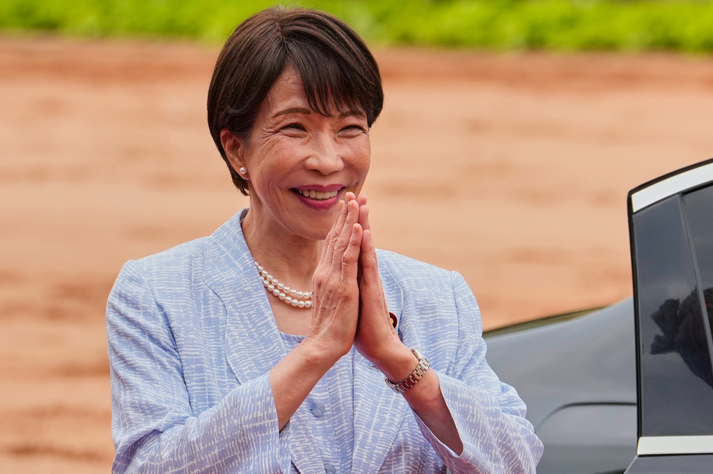Japanese Prime Minister Sanae Takaichi greets Indian Prime Minister Narendra Modi, unseen, upon her arrival for a ceremonial reception at the Presidential Palace in New Delhi, India, Thursday, July 2, 2026. (AP Photo/Manish Swarup)
