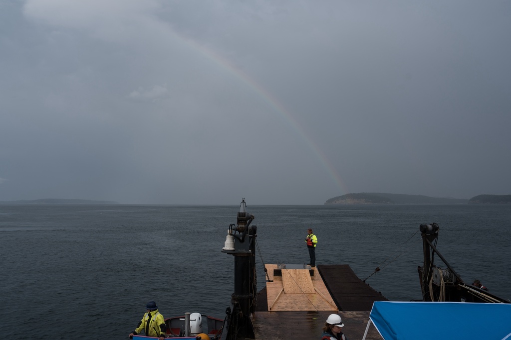 Researchers from the University of Washington deploy a 1.3-mile fiber-optic cable to test whether internet cables can detect endangered orca vocalizations near San Juan Island, Wash., Friday, Oct. 10, 2025. (AP Photo/Annika Hammerschlag)