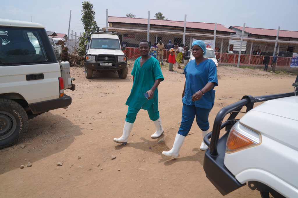 Health workers are seen at the treatment centre in Bunia General Hospital in Ituri, eastern Congo, Tuesday, Aug. 11, 2026. (AP Photo/Dieudonne Dirole)