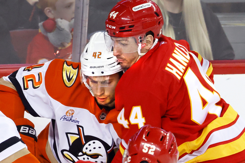 Anaheim Ducks' Tim Washe (42) battles with Calgary Flames' Joel Hanley (44) during second-period NHL hockey game action in Calgary, Alberta, Sunday, Jan. 25, 2026. (Larry MacDougal/The Canadian Press via AP)