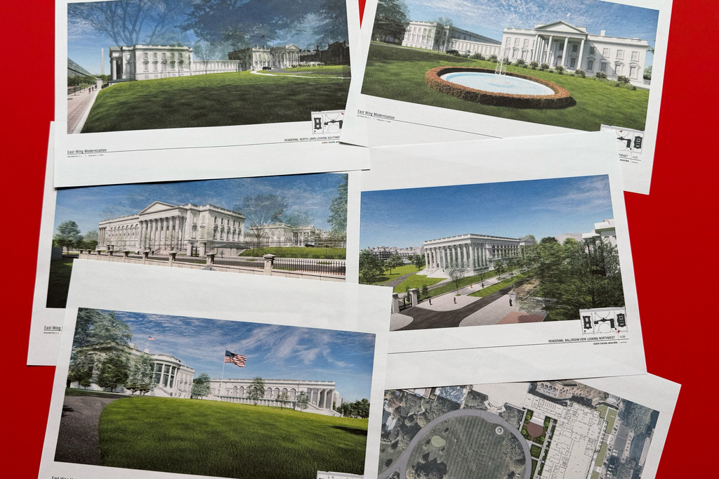 FILE - Artist renderings and diagrams of the new White House East Wing and Ballroom, are photographed Feb. 17, 2026. (AP Photo/Jon Elswick, File)
