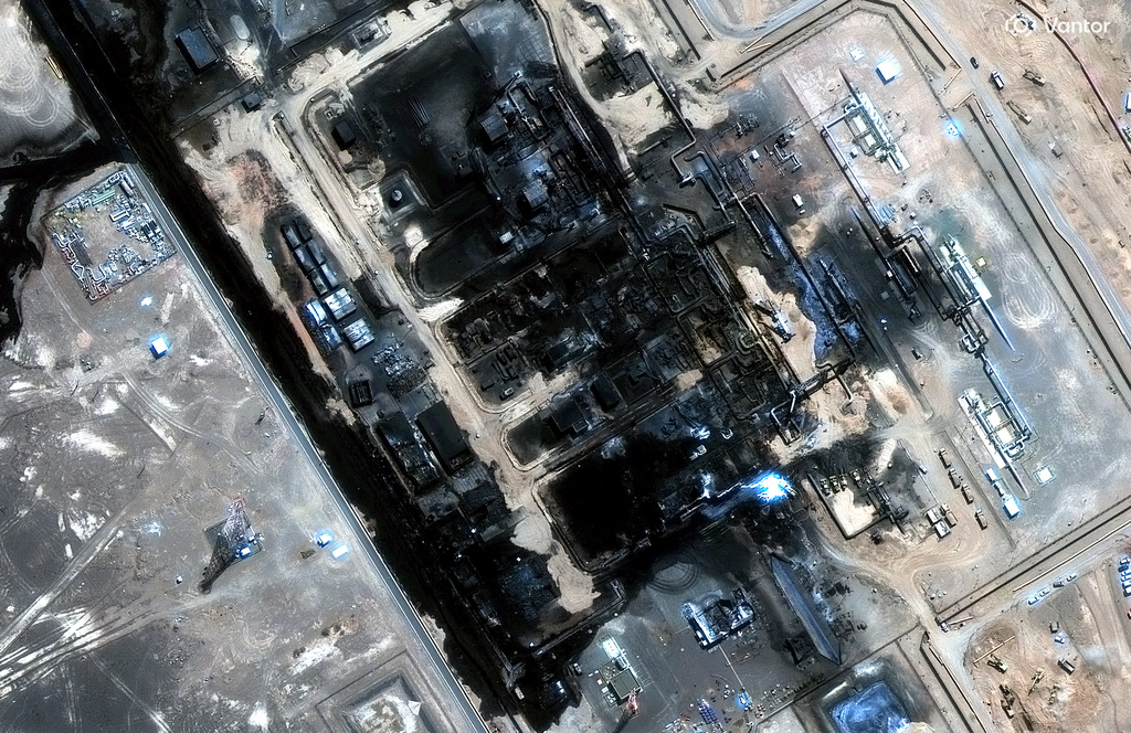 This satellite image provided by Vantor on Sunday, Sept. 13, 2026 shows the aftermath of the recent drone attack on the East-West pipeline in Saudi Arabia. (Satellite image ©2026 Vantor via AP)