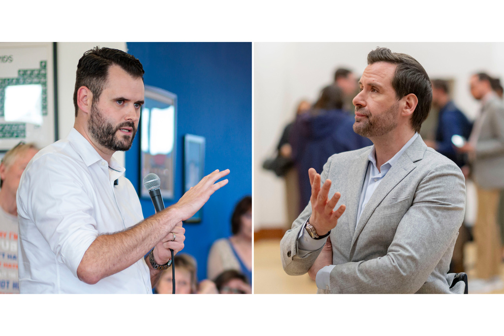 This combination of file photos shows Iowa State Sen. and candidate for the Democratic nomination for U.S. Senate Zach Wahls speaking in Cedar Rapids, Iowa, Sept, 11, 2025, left, and Iowa state Rep. Josh Turek speaking in Des Moines, Iowa, April 8, 2026, right. (Nick Rohlman/The Gazette via AP, File)