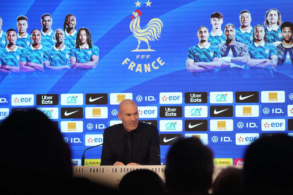 Coach of the France national soccer team, Zinedine Zidane, attends a media conference at the headquarters of French Football Federation headquarters to unveil the squad for the upcoming UEFA Nations League, in Paris, Friday, Sept. 18, 2026. (AP Photo/Thibault Camus)