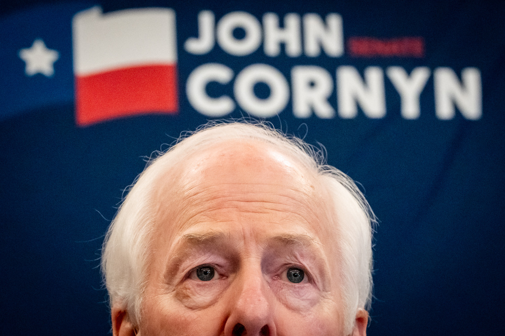 Sen. John Cornyn, R-Texas, speaks to the media Tuesday, March 3, 2026, in Austin. (Sara Diggins/Austin American-Statesman via AP)