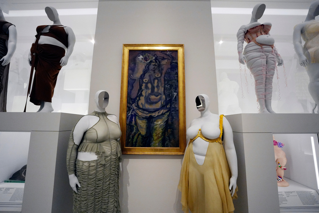 Designs in the "Corpulent Body" section are displayed at the Metropolitan Museum of Art's Costume Institute exhibition, "Costume Art," on Saturday, May 2, 2026, in New York. (Photo by Charles Sykes/Invision/AP)