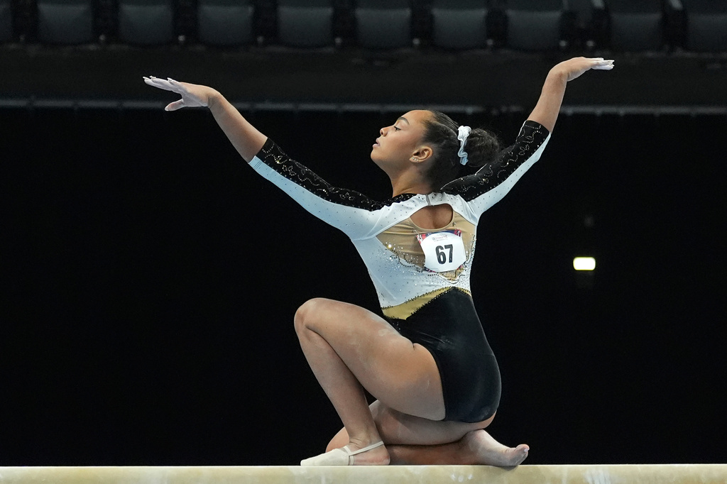 Hezly Rivera competes in the women's balance beam during the U.S. Gymnastics Championships, Sunday, Aug. 9, 2026, in Phoenix. (AP Photo/Ross D. Franklin)