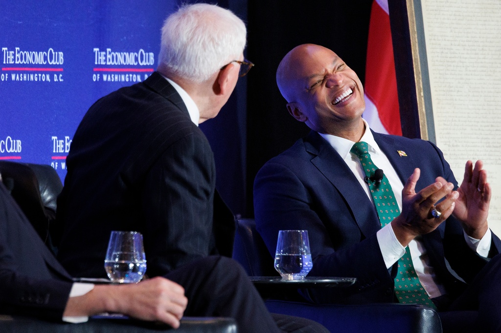 Gov. Wes Moore, D-Md., vice chair of the National Governors Association, responds to a question by Economic Club of Washington Chairman David Rubenstein during a conference at the Economic Club of Washington Wednesday, Feb. 18, 2026, in Washington. (AP Photo/Tom Brenner)