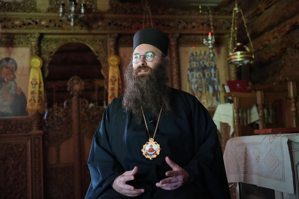 Estonia Monastery Bishop Damaskinos speaks during an interview with the Associated Press in the chapel of the newly founded Kirikla Orthodox Monastery in Pihali village, Estonia, on July 4, 2026. (AP Photo/Sergei Grits)