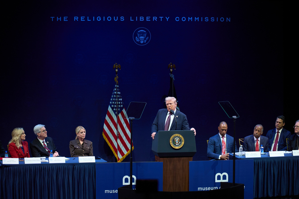 FILE - President Donald Trump addresses the White House Religious Liberty Commission during an event at the Museum of the Bible, Sept. 8, 2025, in Washington. (AP Photo/Evan Vucci, File)