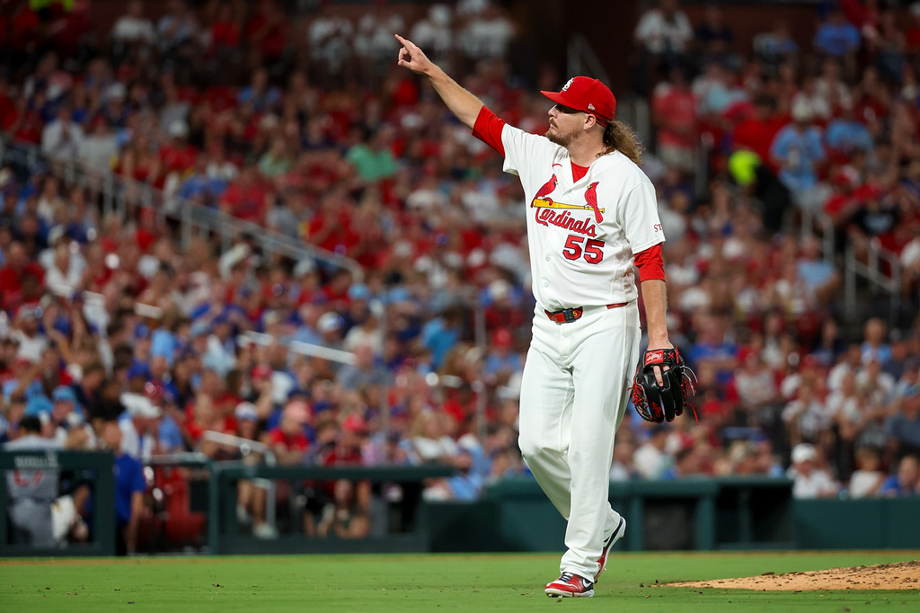 St. Louis Cardinals' Ryne Stanek reacts after striking out Chicago Cubs' Dansby Swanson to end the top of the seventh inning during a baseball game against the Chicago Cubs Wednesday, July 29, 2026, in St. Louis. (AP Photo/Scott Kane)