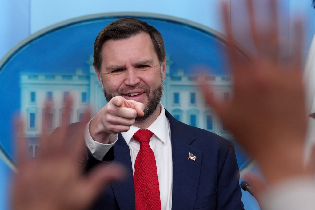 Vice President JD Vance points to a reporter to take a question in the James Brady Press Briefing Room at the White House, Thursday, June 18, 2026, in Washington. (AP Photo/Jacquelyn Martin)